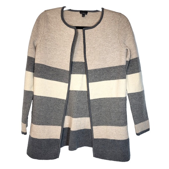 Talbots Sweaters - Talbots Heavy Wool Cream/Gray Color Blocked Open Cardigan Duster Size Medium